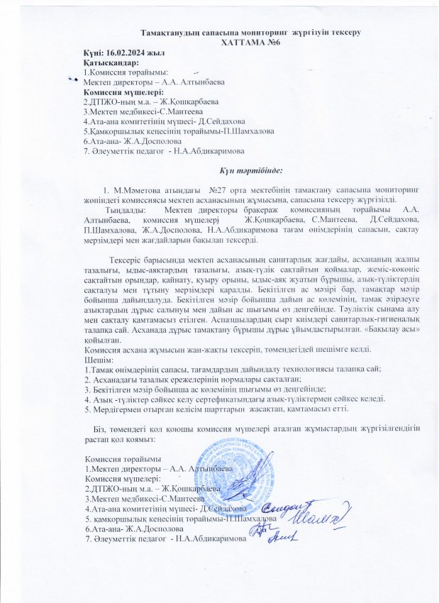 Тамақтану сапасына мониторинг жүргізу