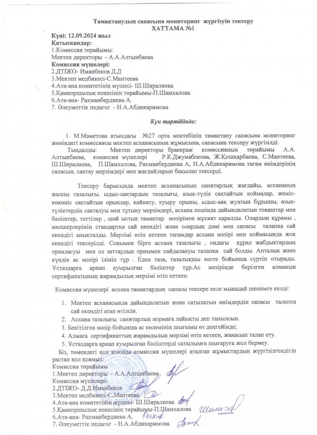 Тамақтану сапасына мониторинг жүргізу. Қыркүйек 2024-2025 оқу жылы.