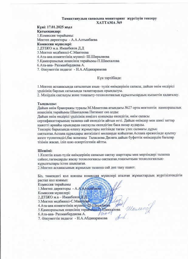 Тамақтану сапасына мониторинг жүргізу  2024-2025 оқу жылы қаңтар